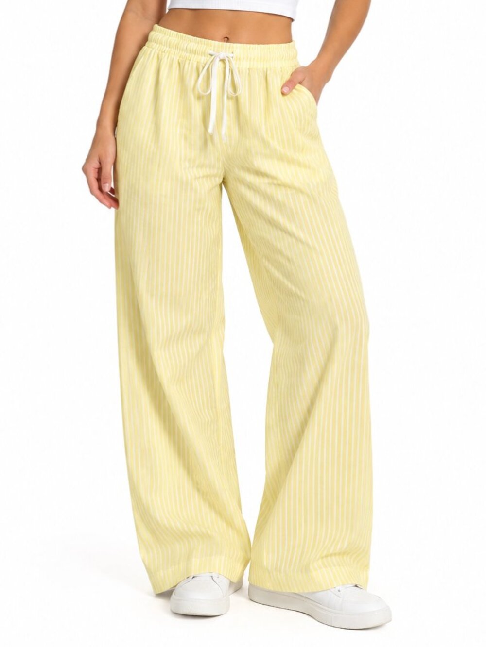 Yellow & White Striped Wide Leg Pants Size S Elastic Waist Drawstring
